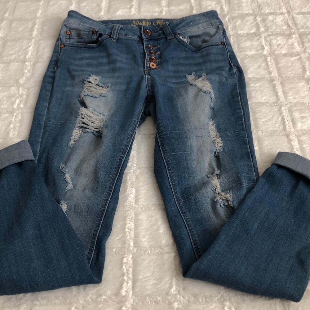 Indigo Rein 5 destroyed ripped skinny light wash